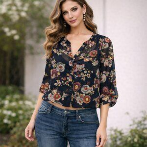 FOREVER 21 Womens Multicolor Button Up Floral Tie-Front Short Sleeve Shirt Small